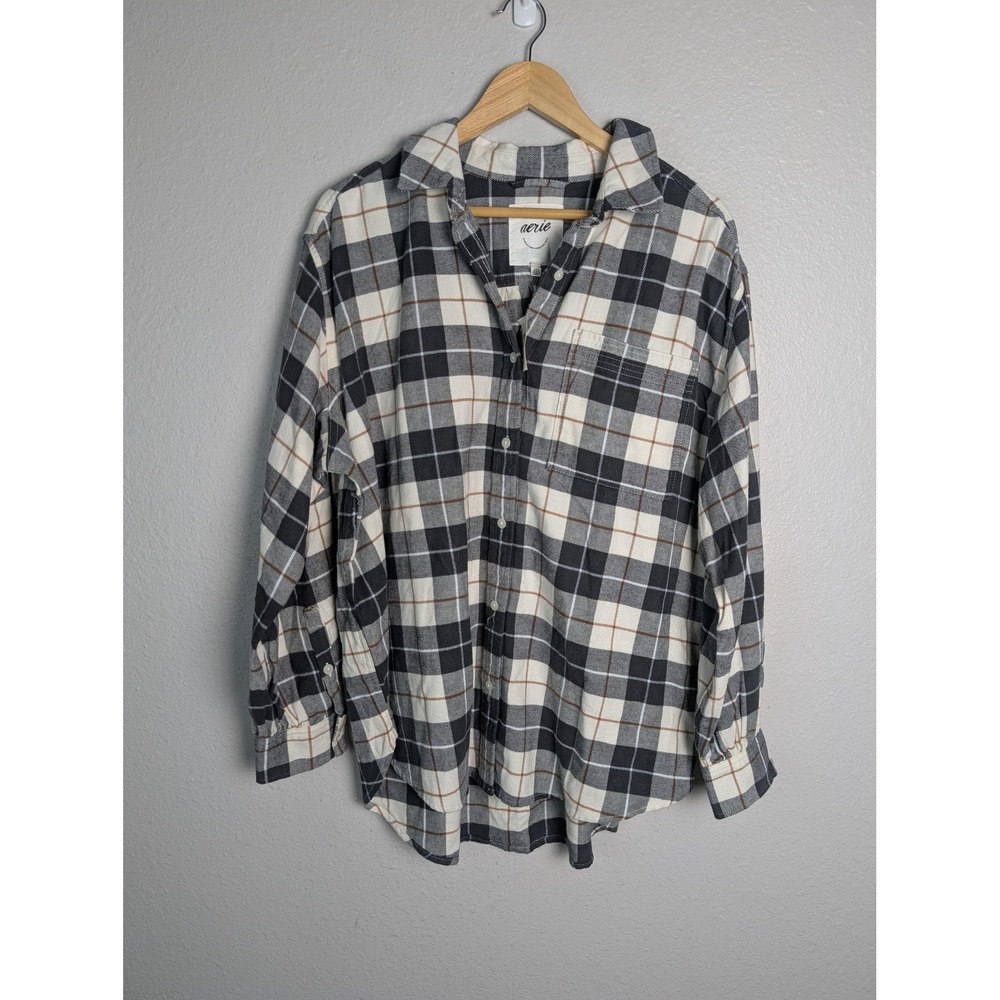 Aerie Button-Up Womens M Gray Plaid Flannel Long Sleeve Pockets Relaxed Fit